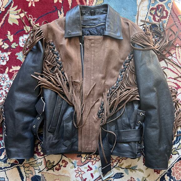 Wilsons Leather Jackets & Blazers - VTG Wilsons Western Fringe Black/Brown Leather Suede Belted Motorcycle Jacket S